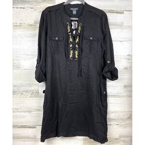 Chelsea & Theodore Womens L Black Embroidered Lace Henley Tencel Mini Dress NEW